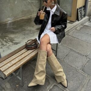 Zara cowboy boots heels knee high Gaiter Style Tan Women's Boots size 38 US 7